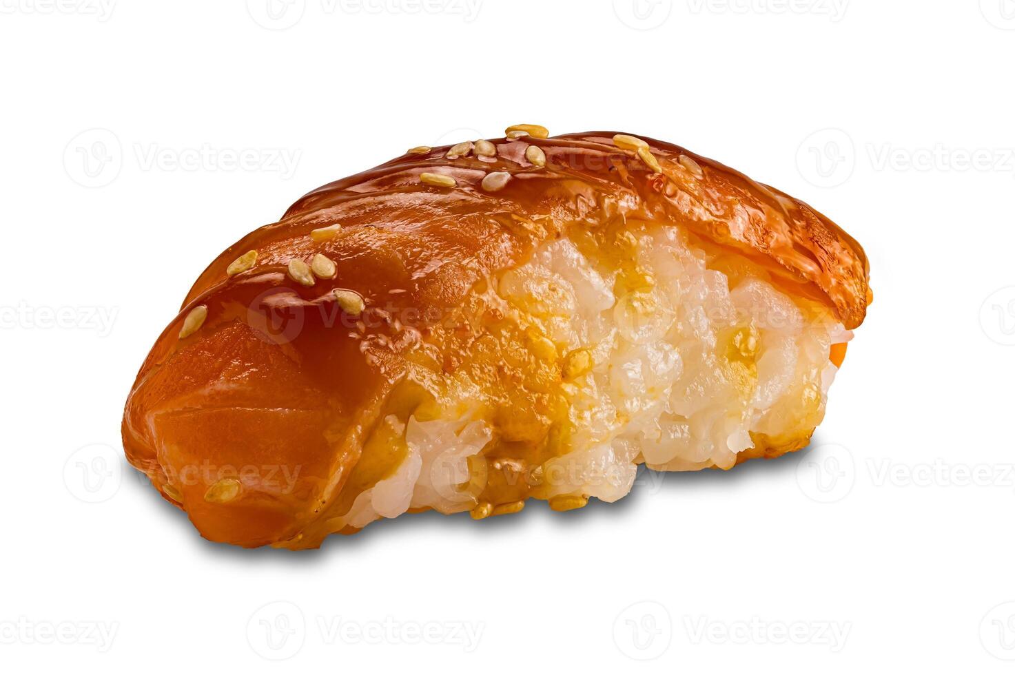 Homemade sushi with smoked fish and sesame isolated on white background with clipping path, closeup, side view, horizontal format. photo