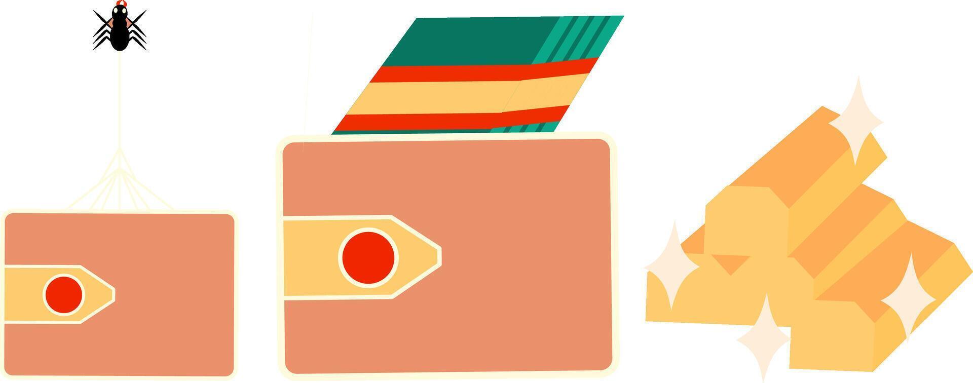 Empty wallet, Wallet filled with money, and eventually have gold bars vector