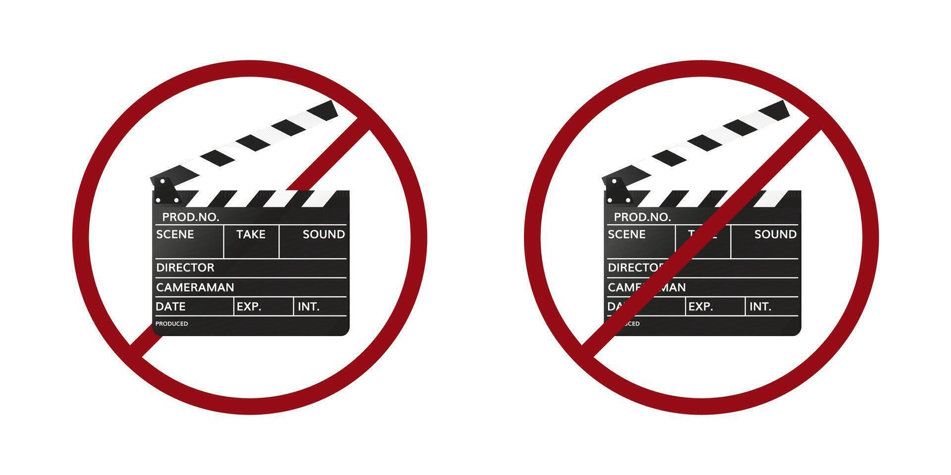 film clap board ban prohibit icon. Not allowed filming. Forbidden video recording vector