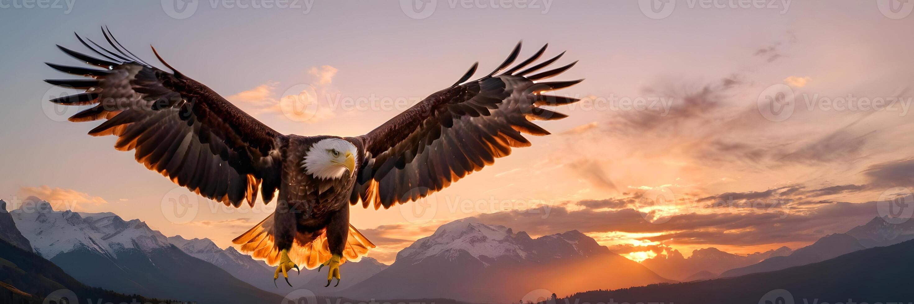 AI generated Eagle flying over the mountains at sunset photo