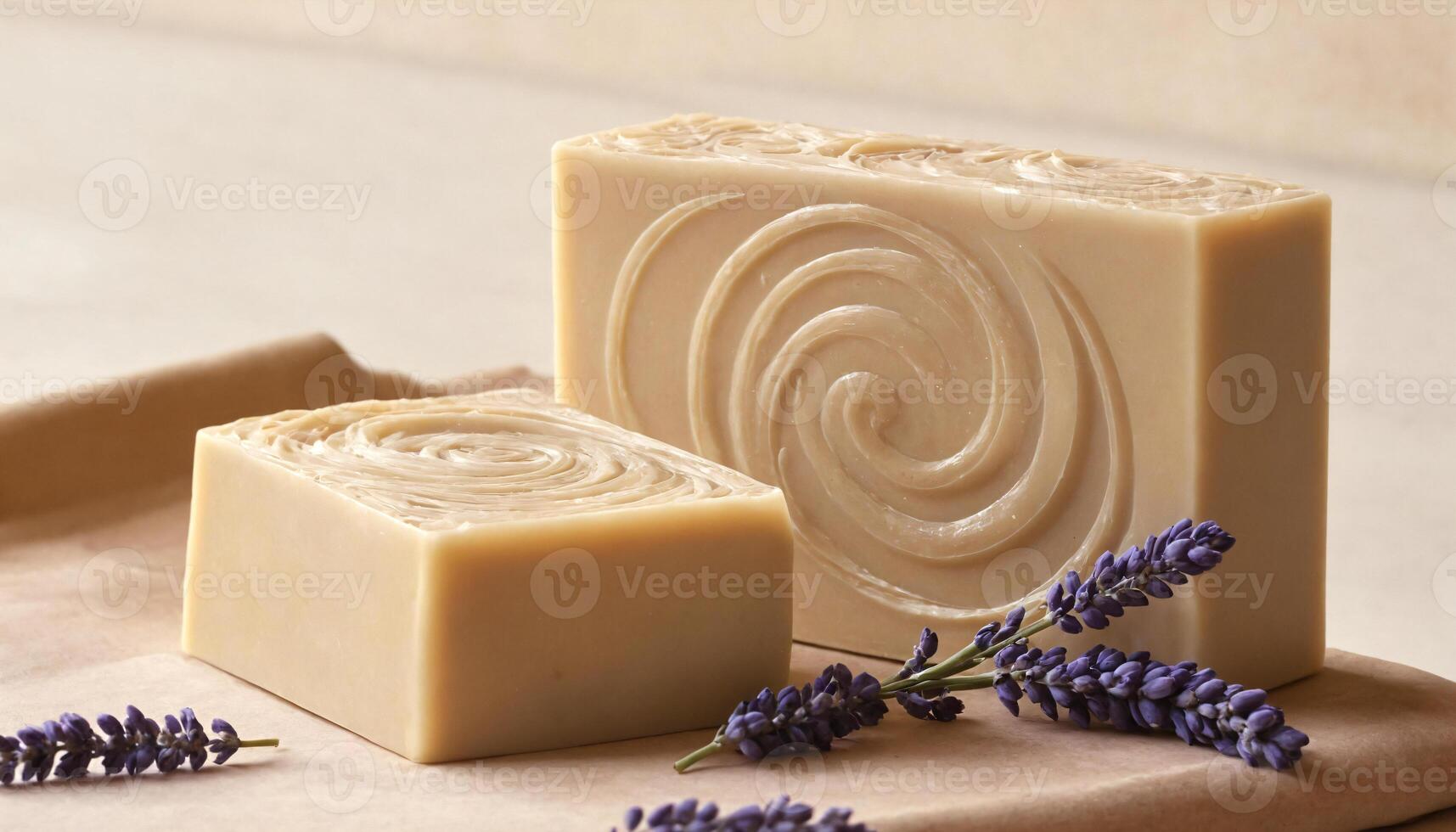 AI generated Handmade soap bars and lavender flowers on light background, closeup photo