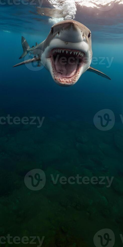 AI generated Aggressive shark attacking underwater. Long vertical composition with space for text at the bottom. Copy space photo