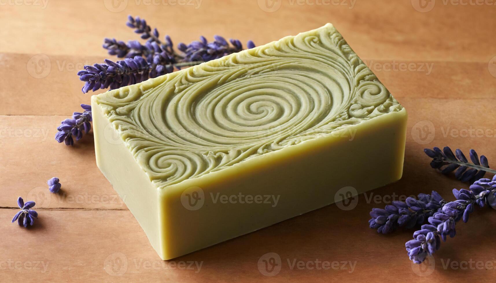 AI generated Handmade soap and lavender flowers on wooden background, closeup photo