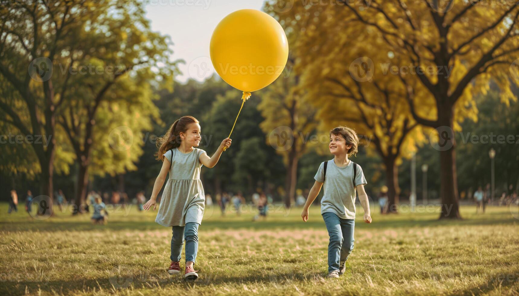 AI generated Two children playing with a big ballon in the park photo