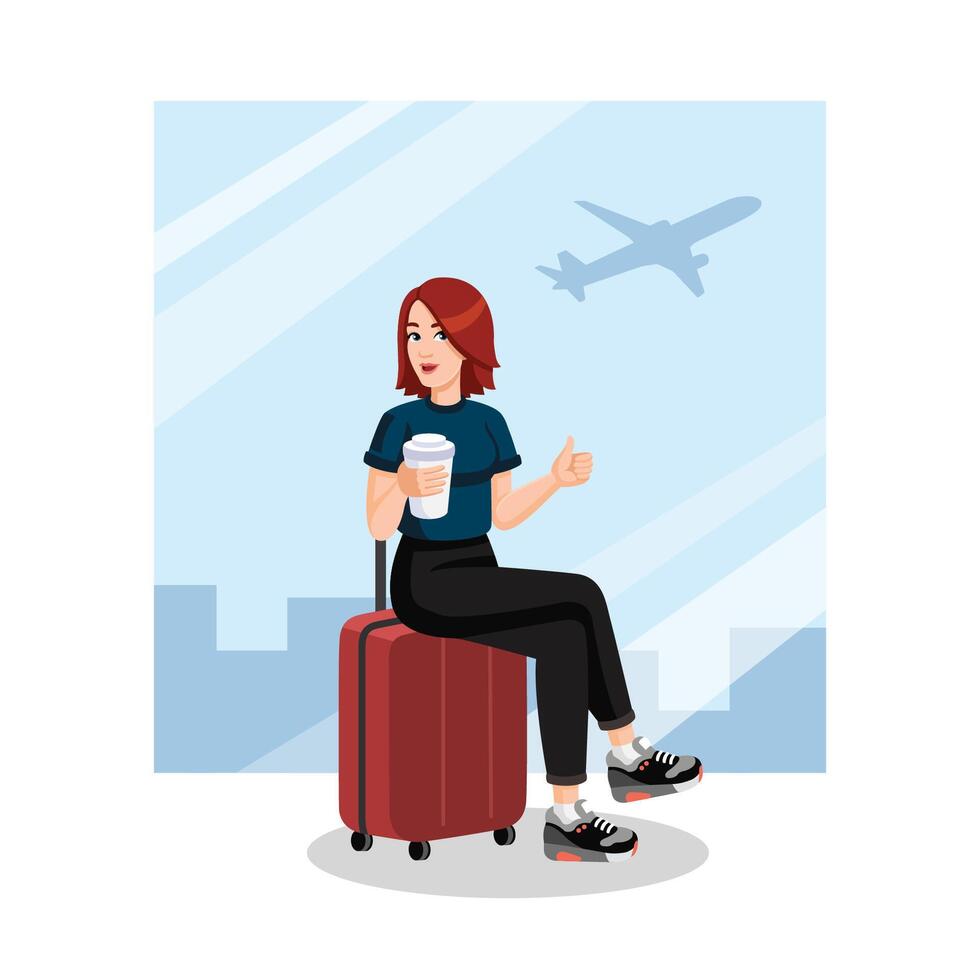 Young woman with coffee cup sitting on suitcase and showing thumbs up at the airport before flight. Traveling concept, flat design, cartoon style. Vector illustration