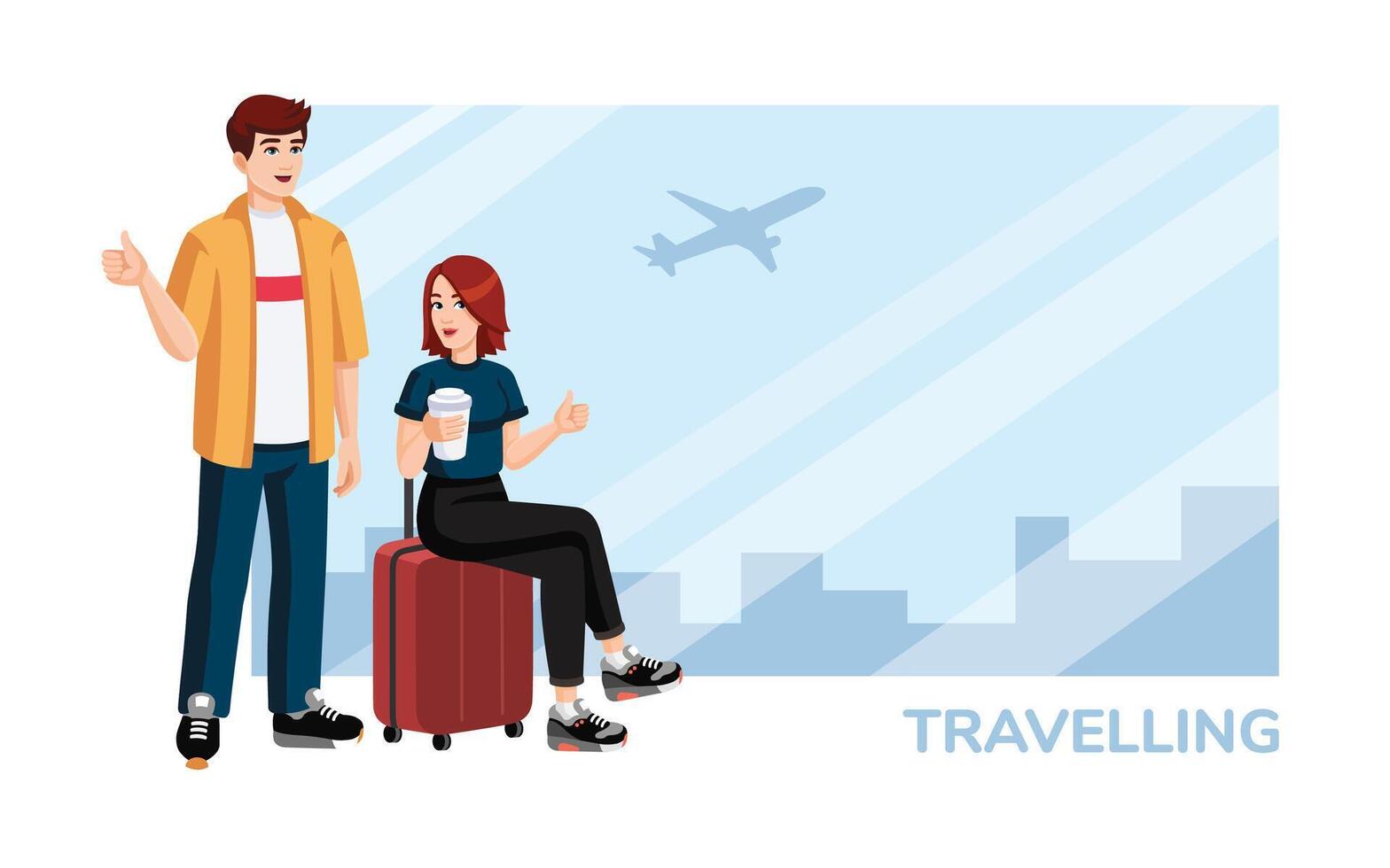 Young couple with suitcase, backpack showing thumbs up at the airport before flight. Travelling concept, flat design, cartoon style. People waiting in airport. Vector illustration