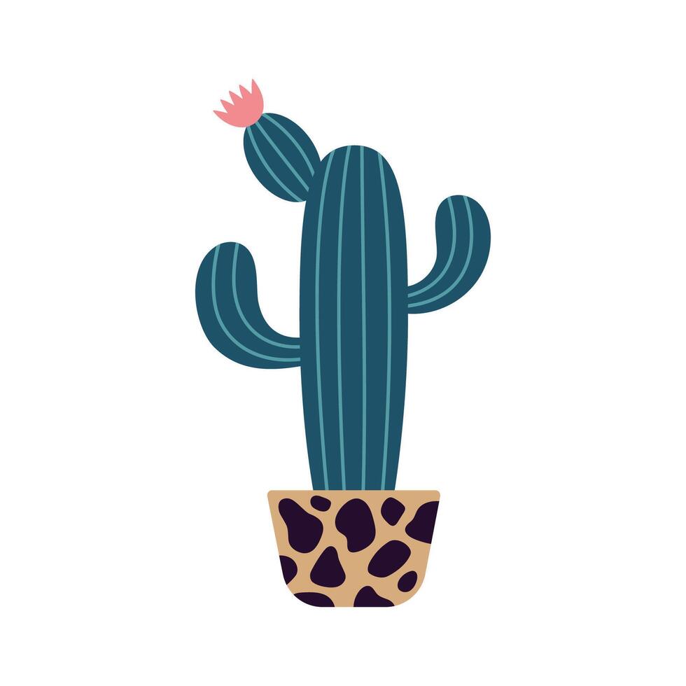 Colorful blooming cacti, succulent in pot. Cute hand drawn sketch of cactus. Doodle style, flat design. Scandinavian, boho style. Vector illustration. Exotic and Tropical Plant, home decor