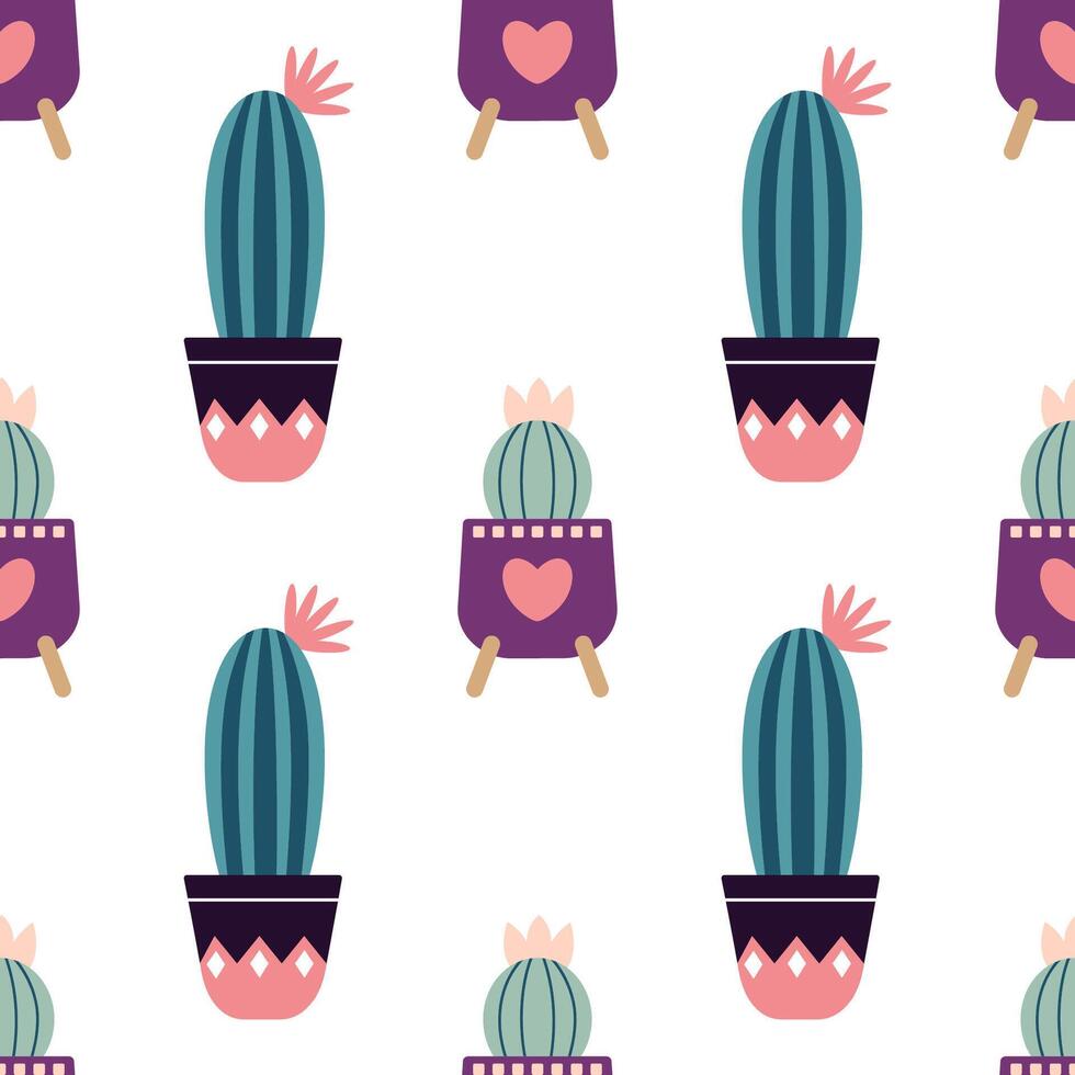 Cute cacti in boho style. Cactus seamless pattern. Trendy boho background. Cacti fabric print design. Succulent textile. Flat design, doodle style, white background vector