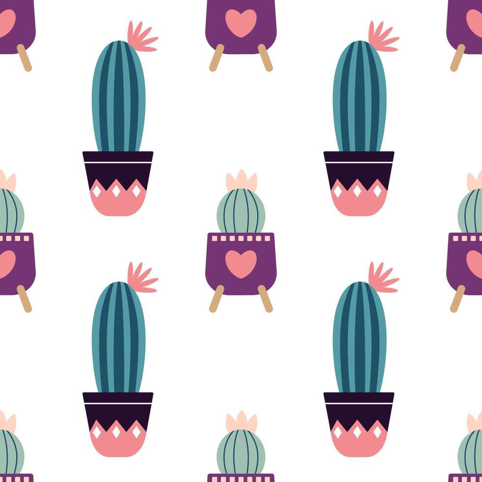 linda cactus en boho estilo. cactus sin costura modelo. de moda boho antecedentes. cactus tela impresión diseño. suculento textil. plano diseño, garabatear estilo, blanco antecedentes vector