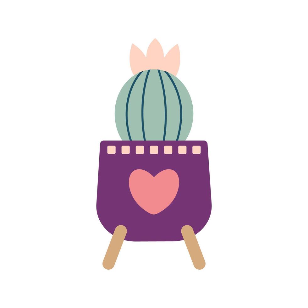Colorful blooming cacti, succulent in pot. Cute hand drawn sketch of cactus. Doodle style, flat design. Scandinavian, boho style. Vector illustration. Exotic and Tropical Plant, home decor