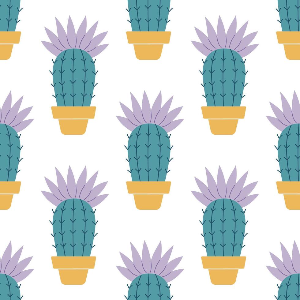 Cute cacti in boho style. Cactus seamless pattern. Trendy boho background. Cacti fabric print design. Succulent textile. Flat design, doodle style, white background vector