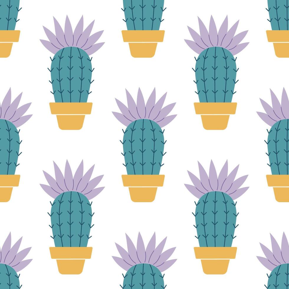 Cute cacti in boho style. Cactus seamless pattern. Trendy boho background. Cacti fabric print design. Succulent textile. Flat design, doodle style, white background vector