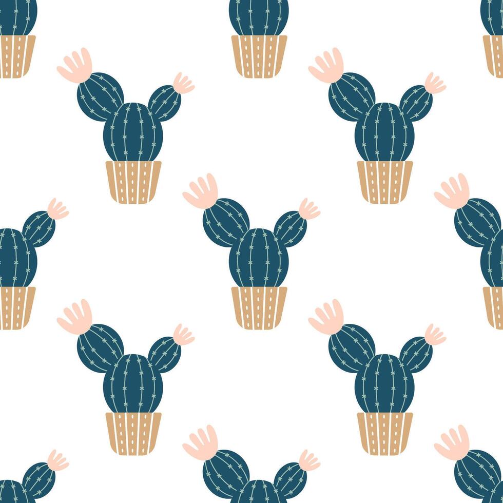 Cute cacti in boho style. Cactus seamless pattern. Trendy boho background. Cacti fabric print design. Succulent textile. Flat design, doodle style, white background vector