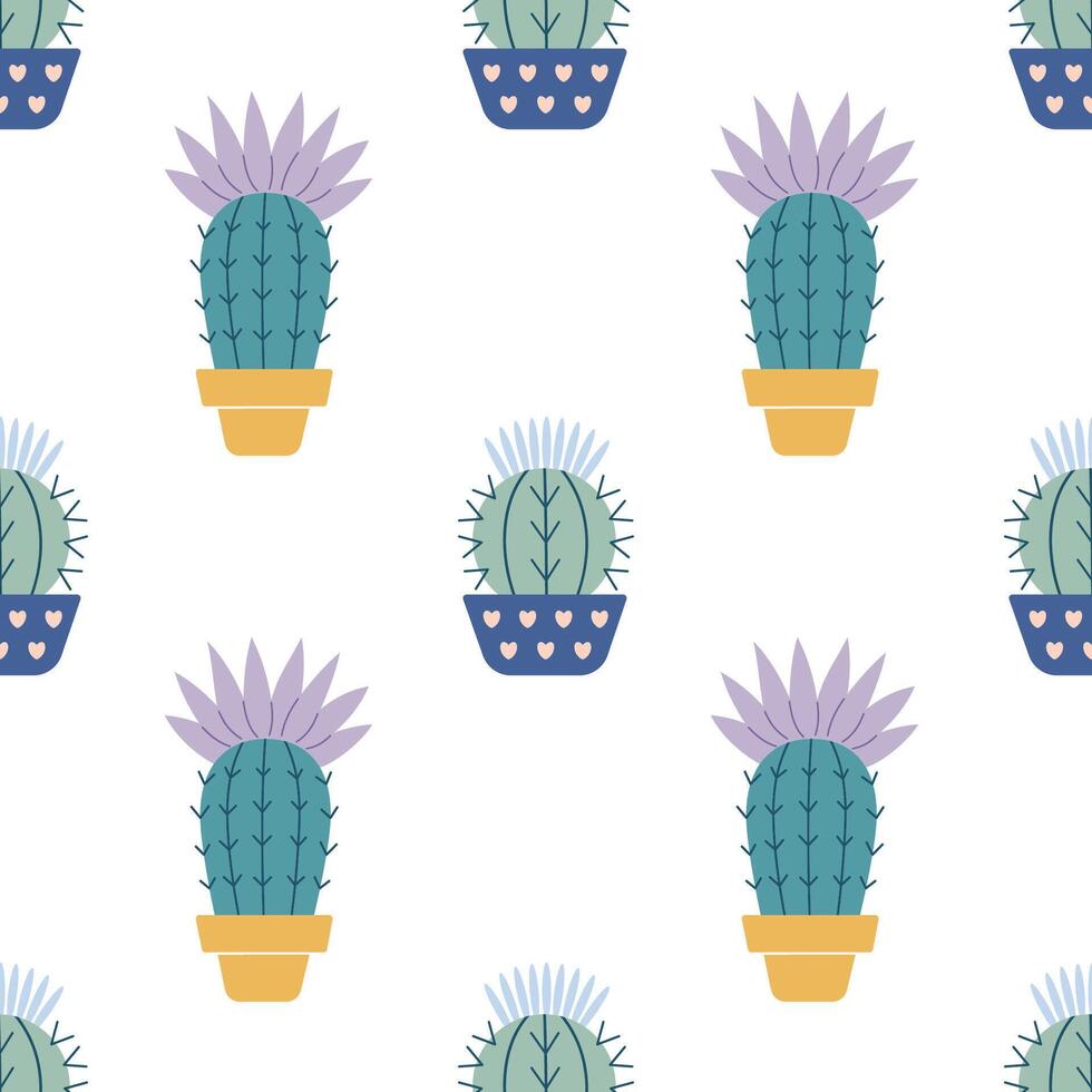 Cute cacti in boho style. Cactus seamless pattern. Trendy boho background. Cacti fabric print design. Succulent textile. Flat design, doodle style, white background vector