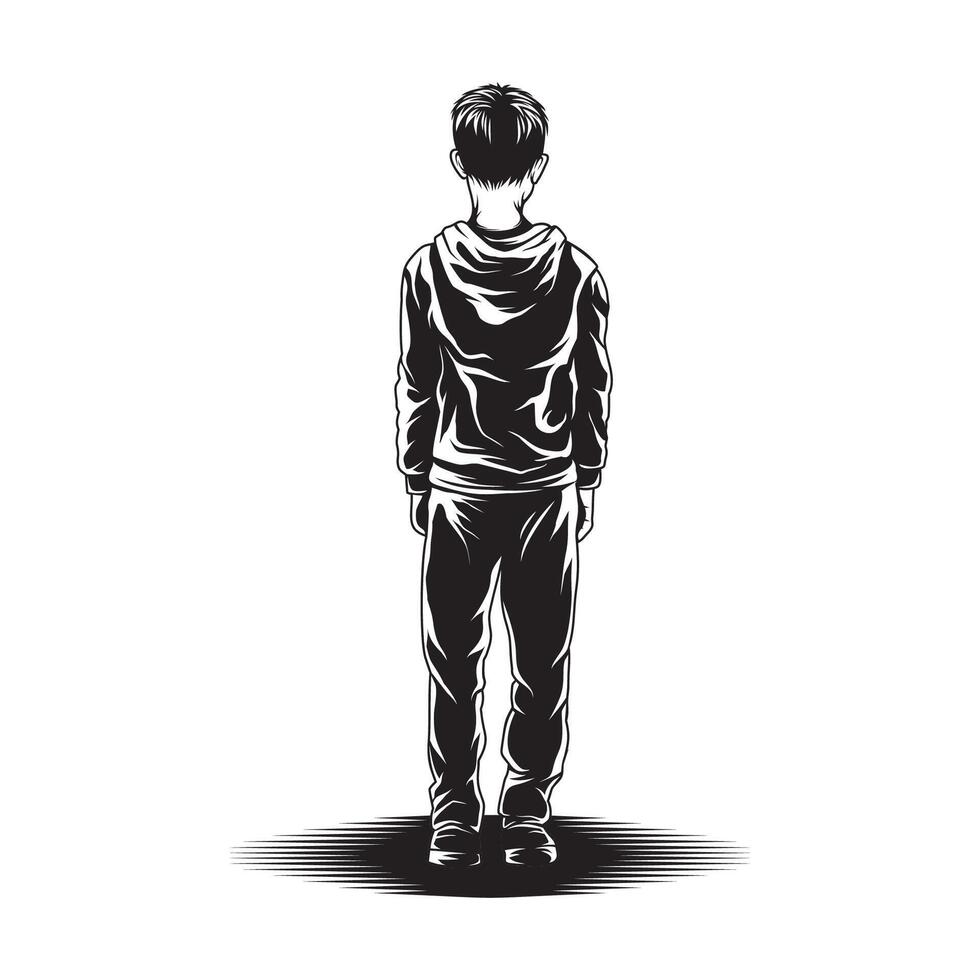 Boys Stand View Back Illustration Black White vector