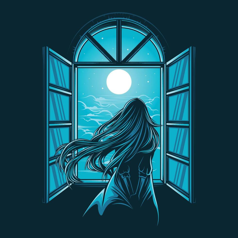 Girl and moonlight illustrationt vector