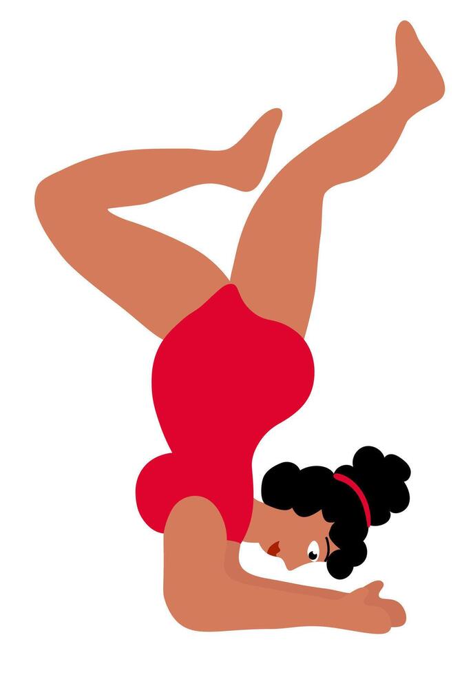 Body positive concept. Black plus size Woman standing in pose yoga. Girl in red swimsuit. Cartoon flat vector illustration.