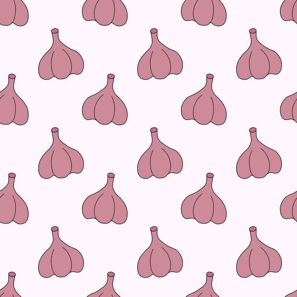 Seamless Pattern with Bulb Garlic. Kitchen background. Food wallpaper. Vector flat illustration.