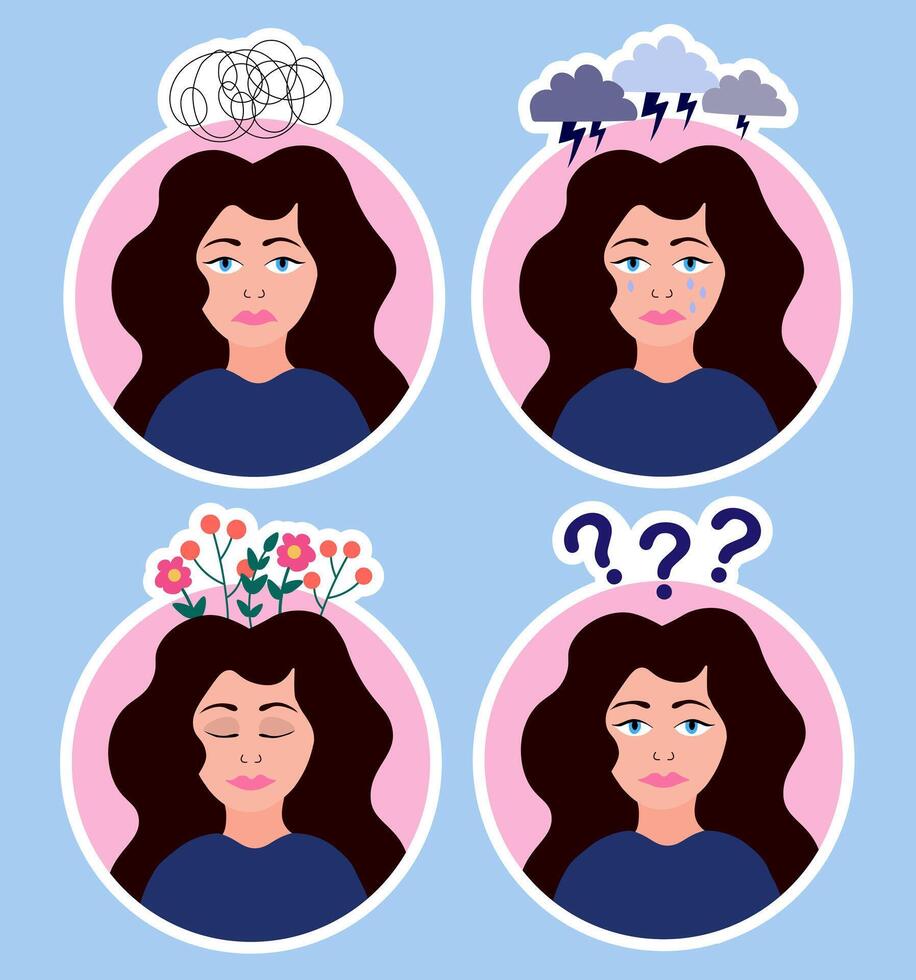 Mental Health Stickers Pack. Sad woman cry, feel stressed, perplexity, calmness. Woman with mental problems. Stress Awareness. Anxiety. Depression. ADHD. Inner peace. Flat vector illustration.