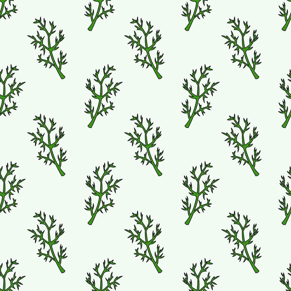 Dill twigs Herbs seamless pattern. Kitchen endless background. Food repeat backdrop. Vector flat illustration.