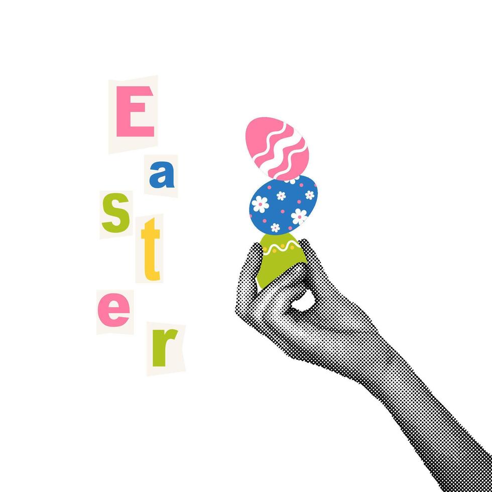 Fashionable halftone collage. Hand with pyramid of eggs painted for Easter holiday. Easter greeting. Social media communication, invitation template, greetings.Abstract template. Vector illustration