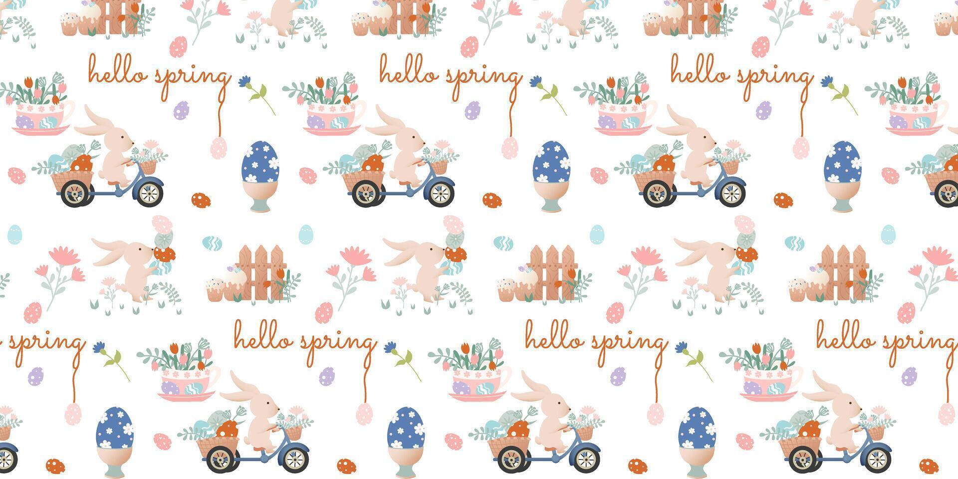 Happy Easter clip art. Pattern with cartoon characters in retro style. Easter bunny, flowers,bunny on bike, cup with Easter eggs, vase, bouquet. vector