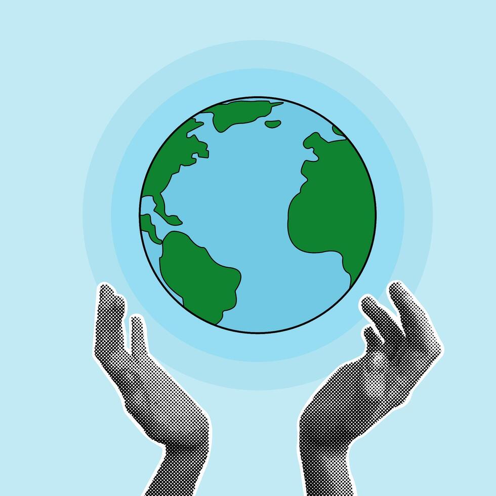 World environment day, template. Modern collage with halftone hands supporting earth. We protect the Earth with human hands. Earth Day. Vector illustration