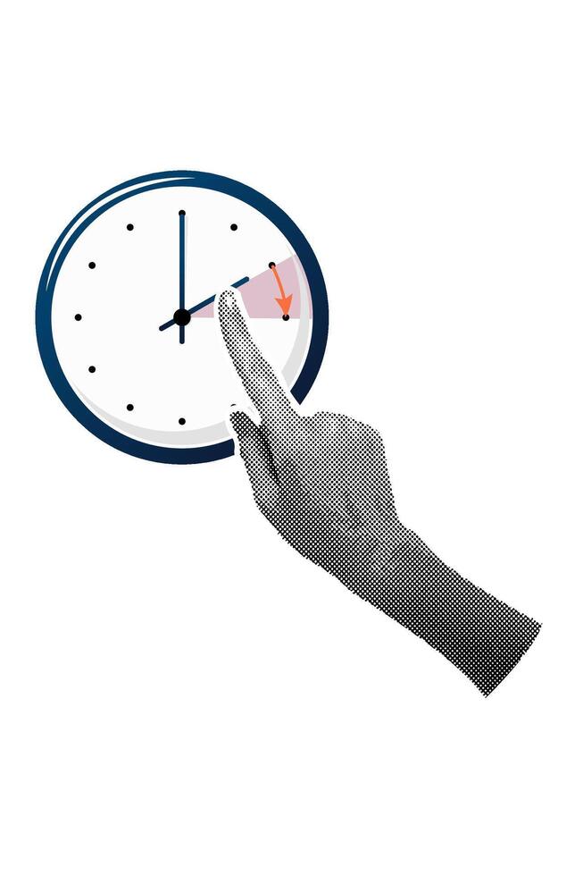 Trendy halftone collage. Poster template. Hand turns hands of clock forward. Announcement and marketing. Modern vector art