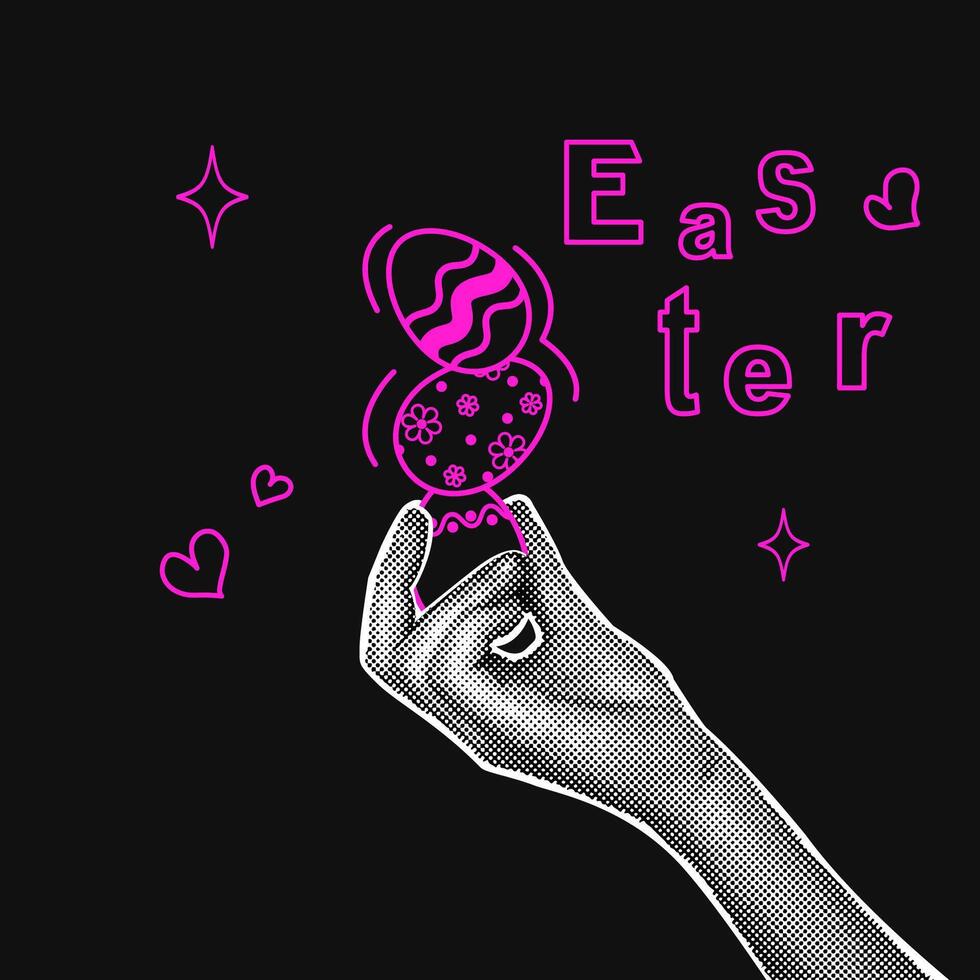 Trendy halftone collage on dark background. Hand with pyramid of eggs painted for Easter holiday. Easter greeting. Social media communication, invitation template, greetings.Abstract template. vector