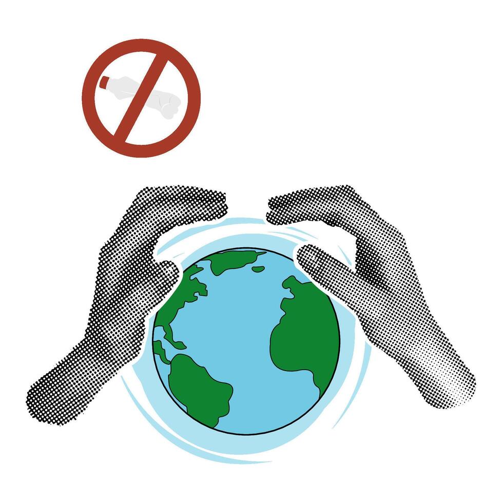 World Environment Day Template. Modern collage with halftone hands protecting planet earth. No more plastic. Earth Day. Vector illustration