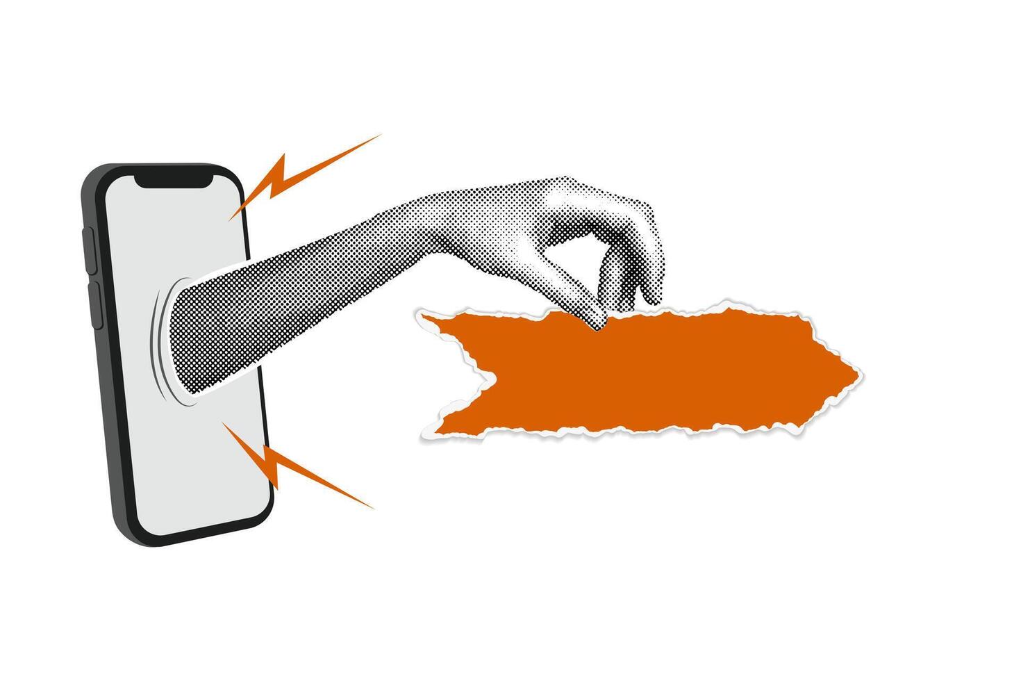 Trendy halftone collage. A hand is holding a cell phone. Torn paper in the shape of an arrow. Buying, selling. Social media communication. Blank space for quote, plan and idea. An abstract template. vector