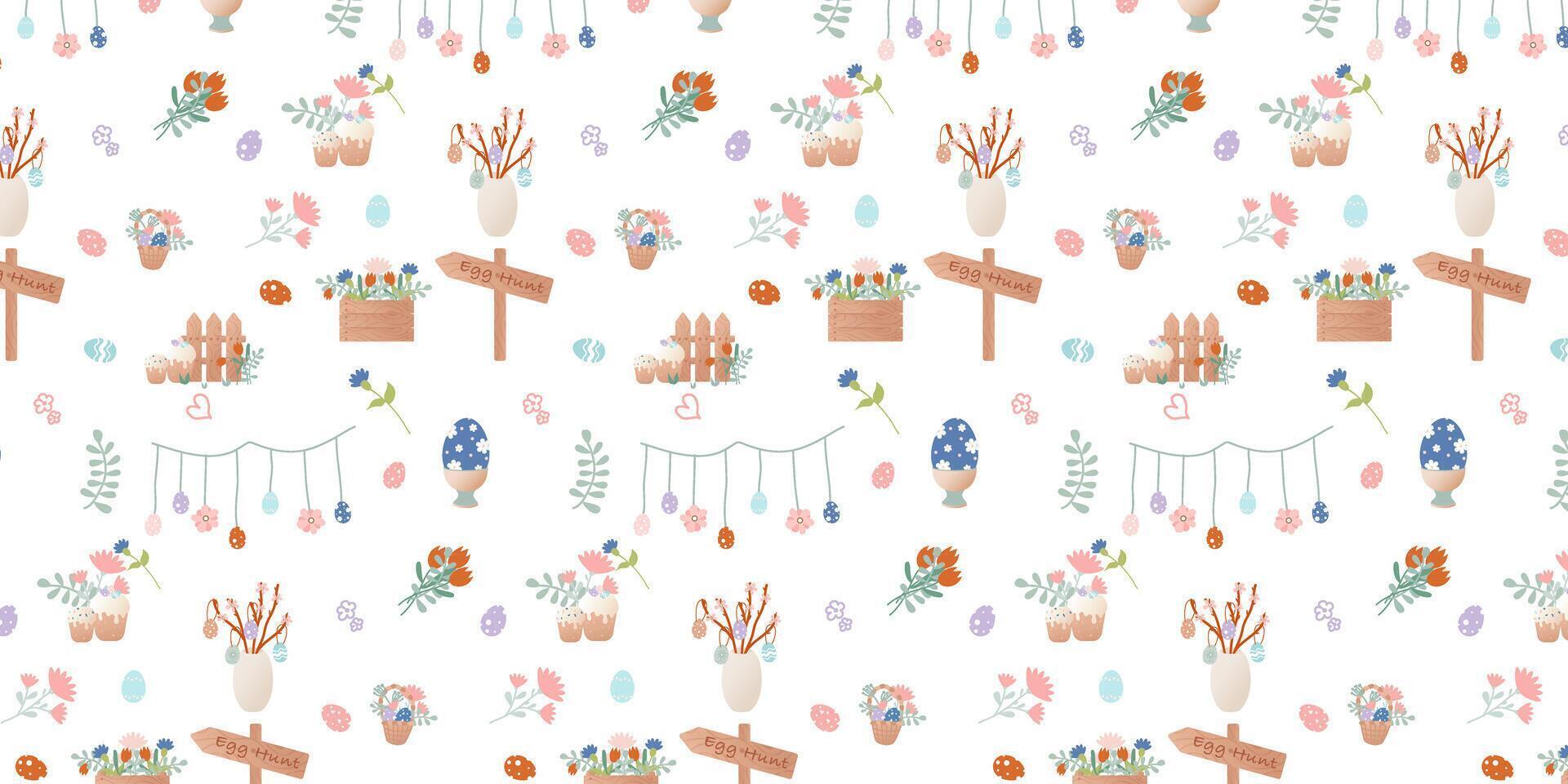 Happy Easter clip art. Pattern with cartoon characters in retro style. Easter bunny, flower box, flowers, basket with Easter eggs, garland, bouquet. vector