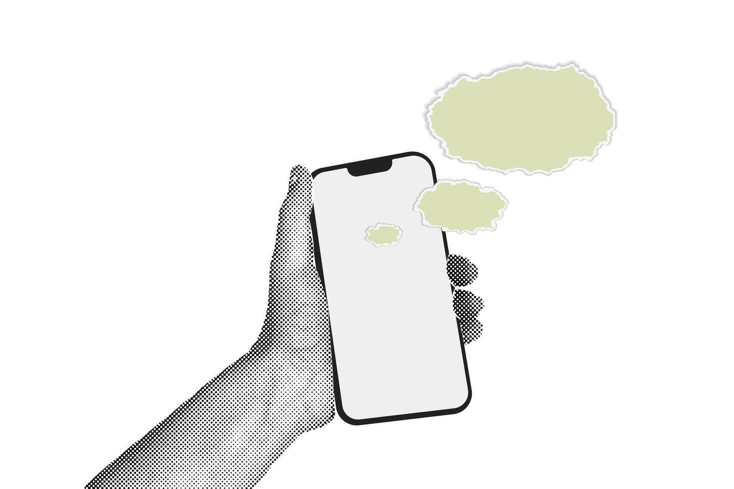 Trendy halftone collage. Hand holding a phone.Torn paper in the shape of a cloud. Buying, selling, coins. Social media communication. Blank space for quote, plan and idea. Vector illustration