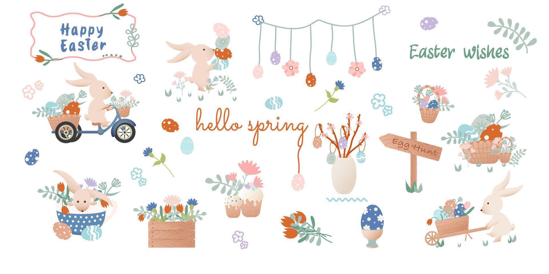 Happy Easter clip art. Set of cartoon characters in retro style. Easter bunny, bicycle with bunny, flowers, basket with Easter eggs, garland, bouquet. Vector illustration