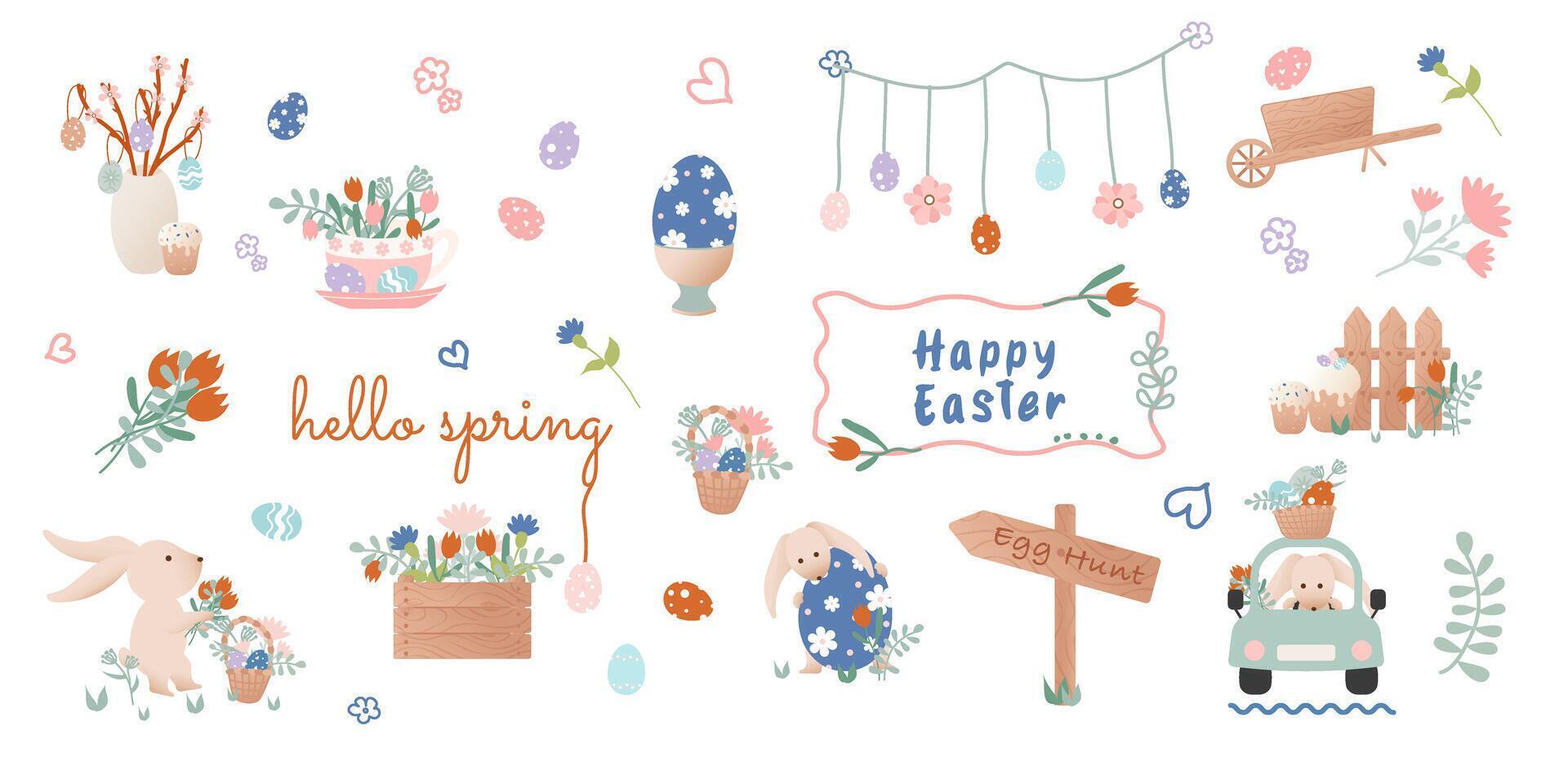 Happy Easter clip art. Set of cartoon characters in retro style. Easter bunny, car with bunny, flowers, basket with Easter eggs, garland, bouquet. vector