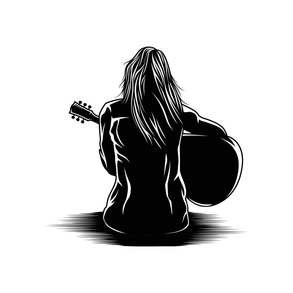 Young girl playing guitar view back vector