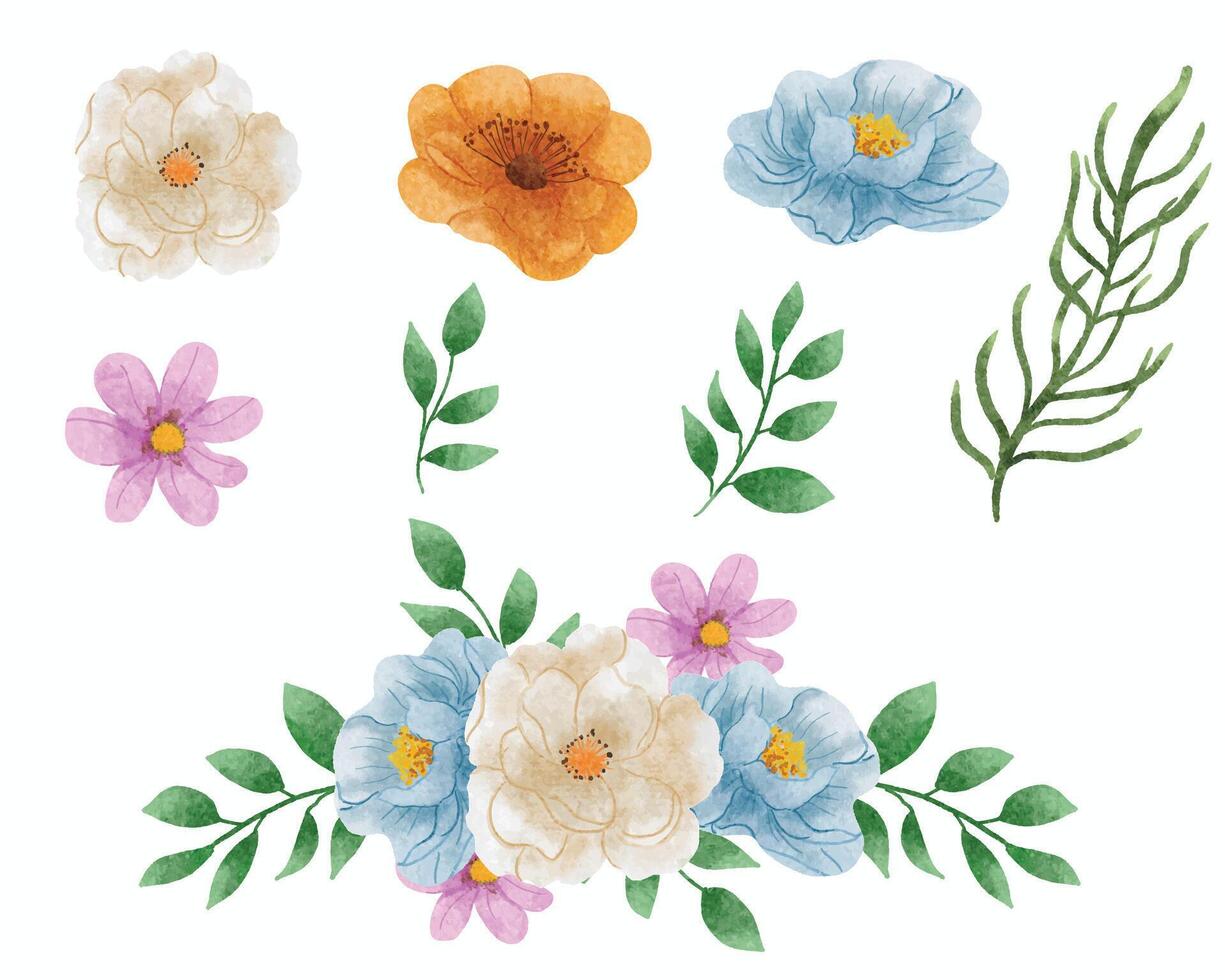 Blue and White Watercolor Flower Set vector