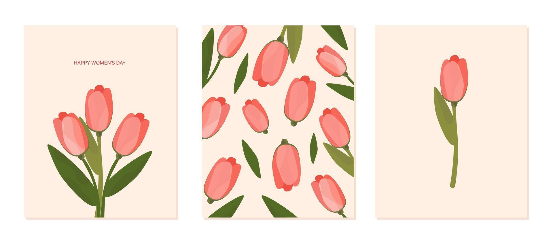 Set of spring cards with tulips. Postcards for Women's Day. Vector graphics