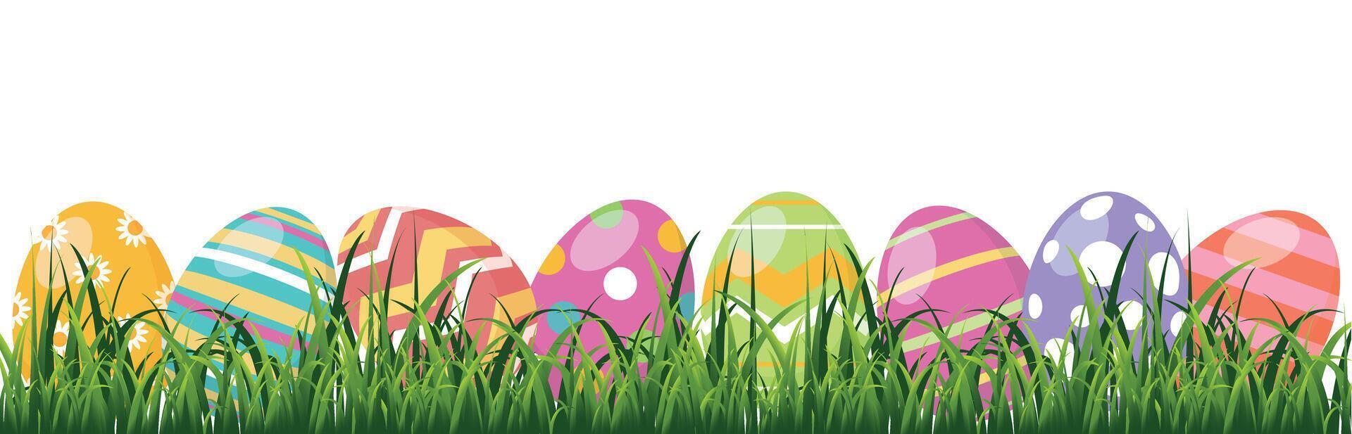 Easter eggs in green grass. Vector graphics