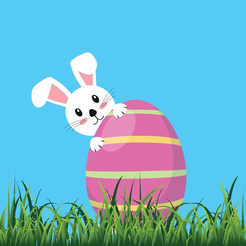 Easter Bunny with Easter egg on green. Vector graphics