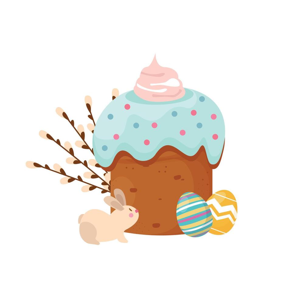 Easter cake, Easter eggs and bunny and flowers. Vector Graphics