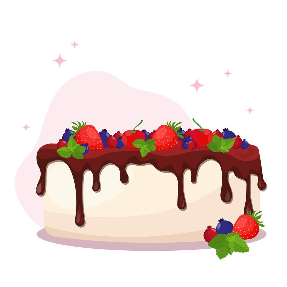 Cheesecake with berries. Cake with berries and mint. Vector graphics in cartoon style