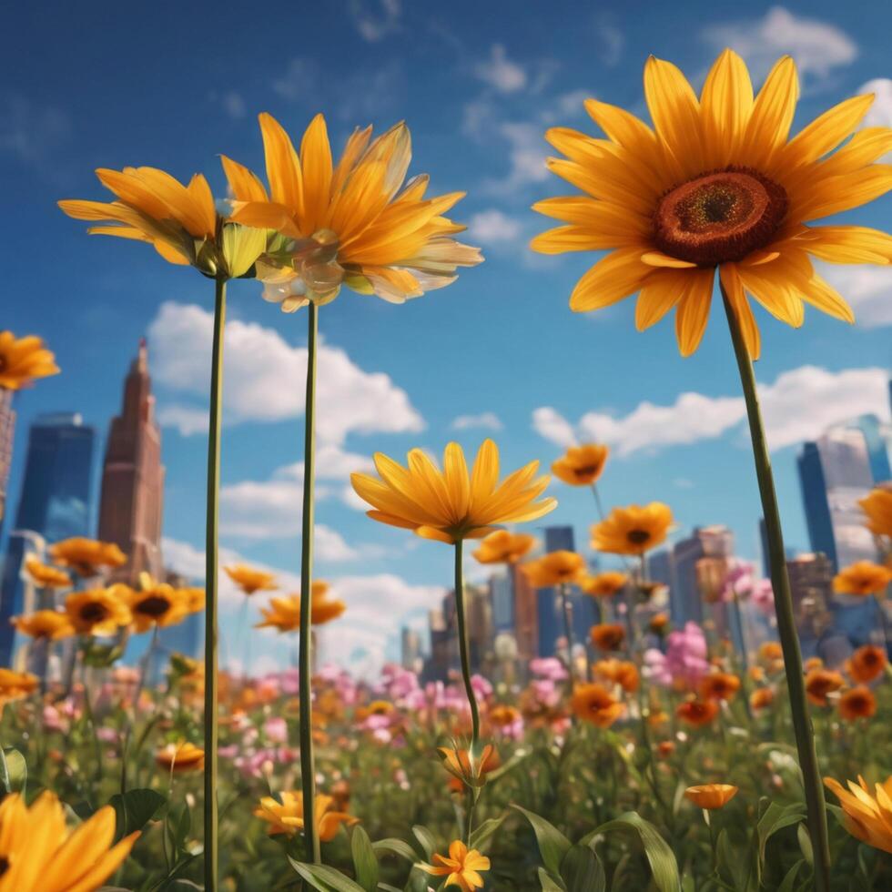 AI generated Close up of sunflower New York City sky generative ai photo