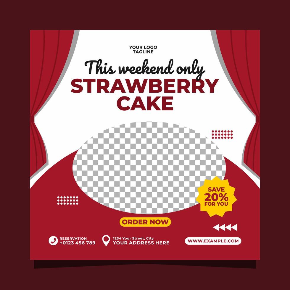 Strawberry cake social media post banner square vector template