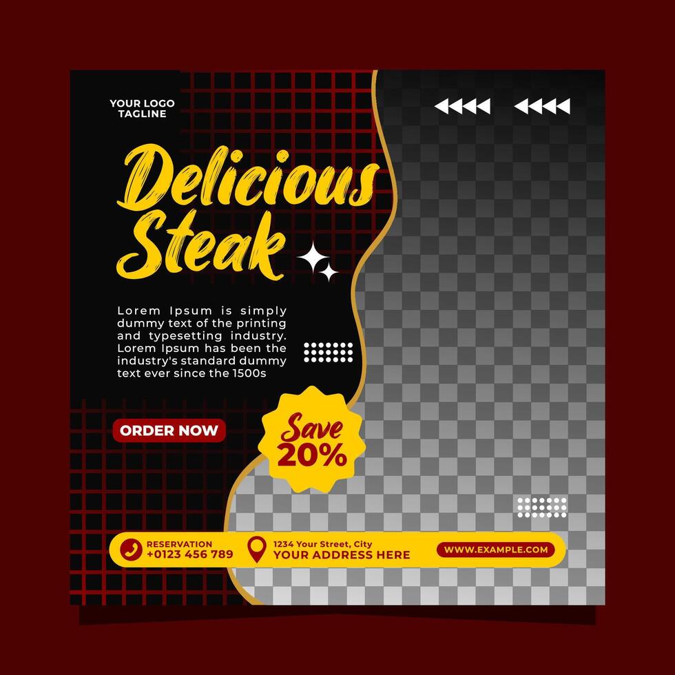 Delicious steak social media post banner square vector template