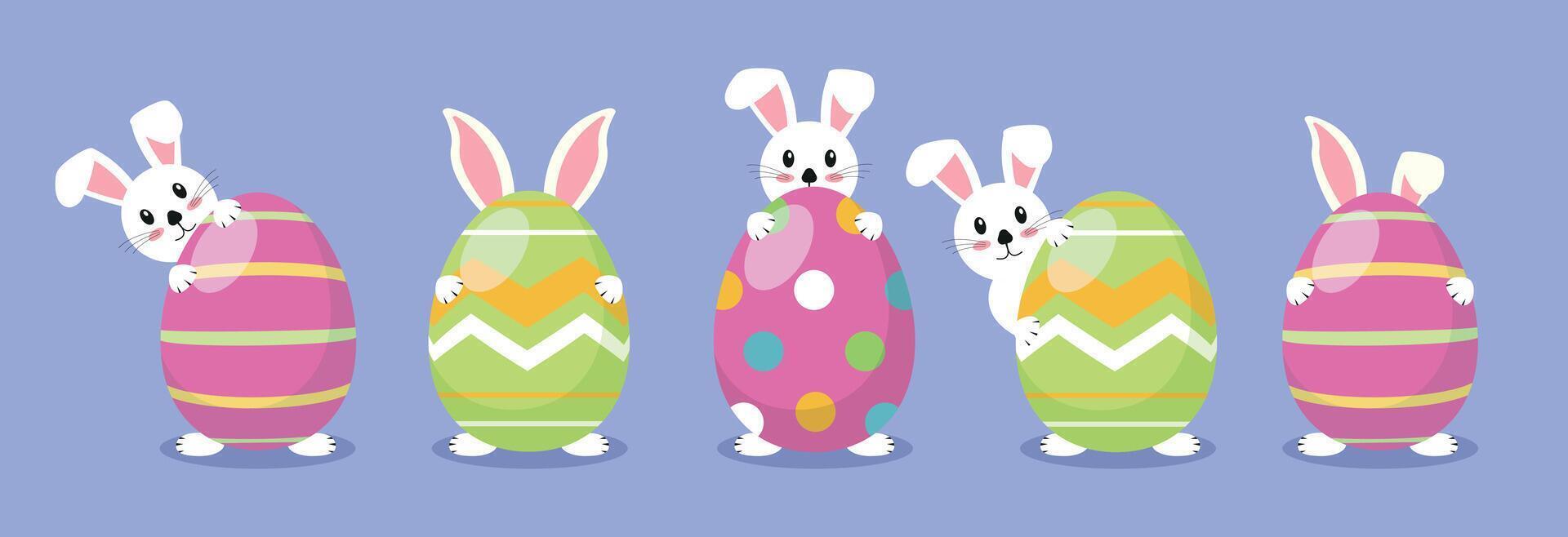 Set of Easter bunnies, Easter eggs, rabbits and ears. Vector graphics in cartoon style