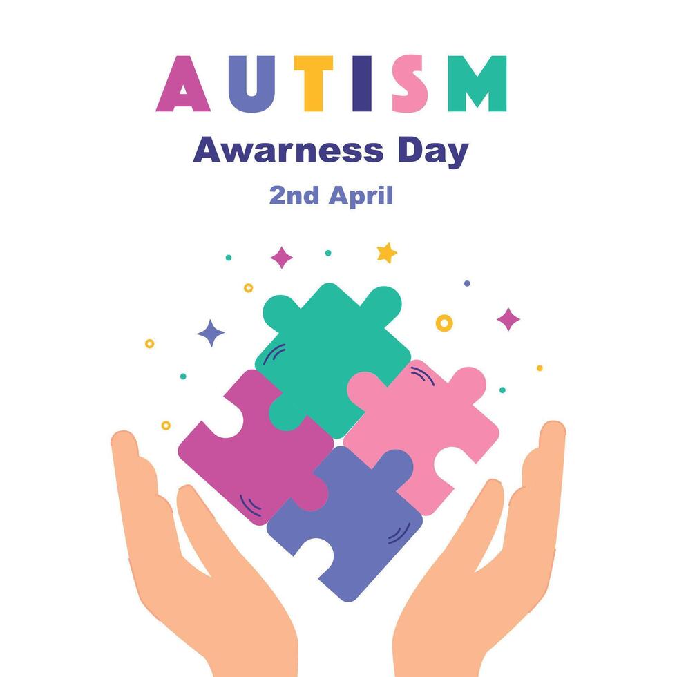 Autism Awareness Day card with puzzle heart and hand. Vector graphics