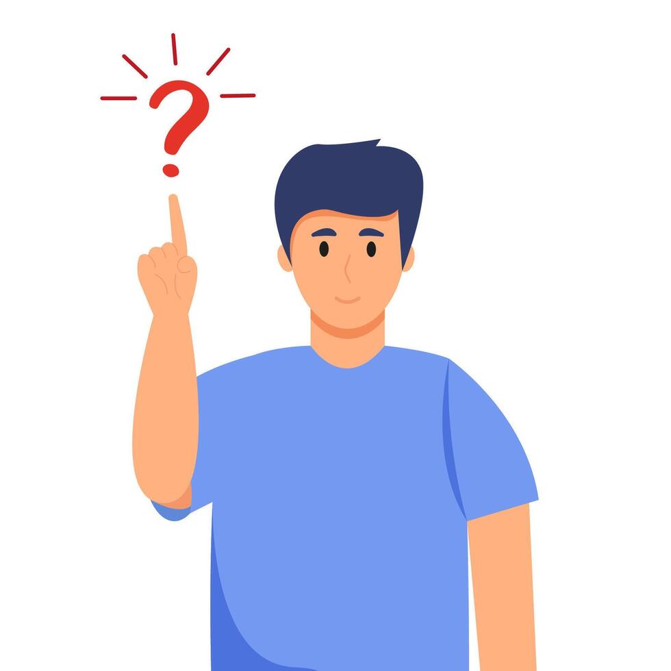 oung Man with a question a white background. Man thinking, doubting, making choice, decision between two options, solving problem, deciding. Graphic Design Vector Illustration in a Cartoon Style