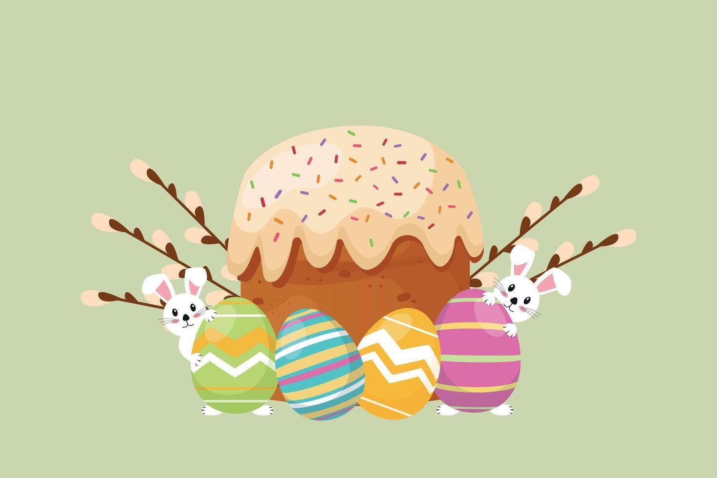 Easter Cake with Easter eggs and bunnies. Vector Graphics