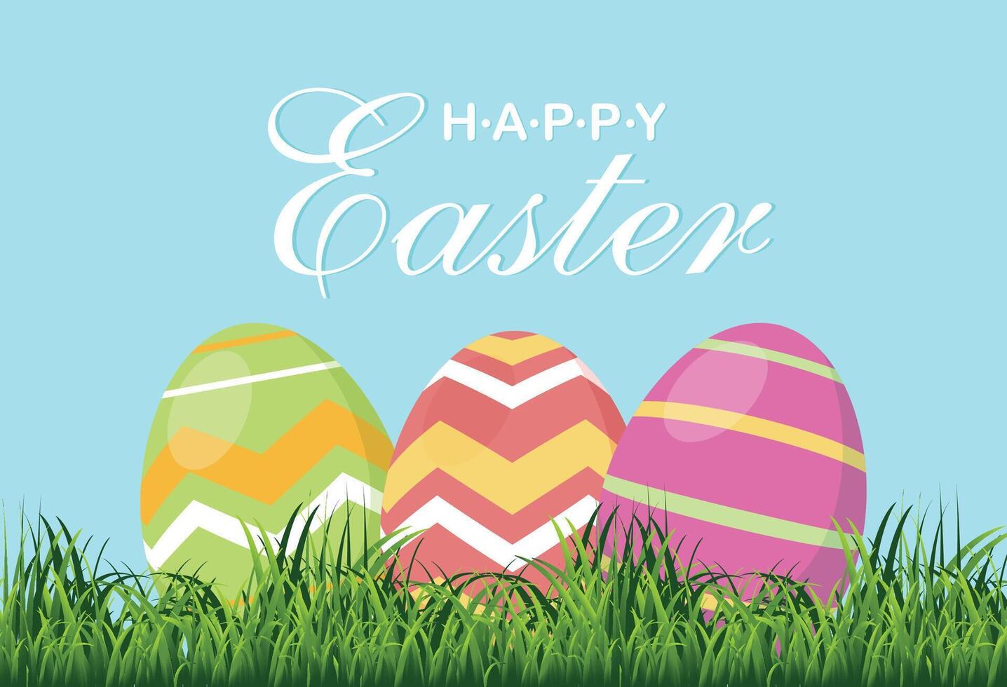 Happy Easter. Easter eggs on green grass. Vector graphics